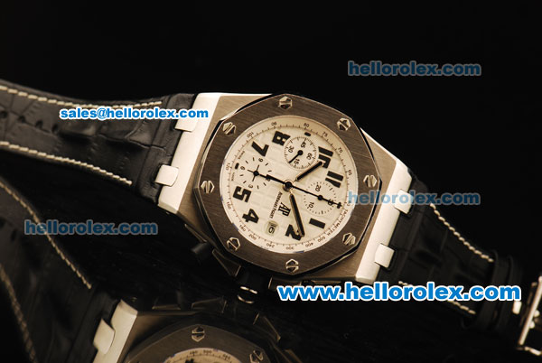 Audemars Piguet Royal Oak Offshore Chronograph Swiss Valjoux 7750 Automatic Movement Steel Case with White Dial and Black Leather Strap - Click Image to Close